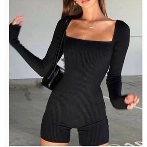 Are You Am I One Piece Romper Black Stretch Fitted Knit Ribbed